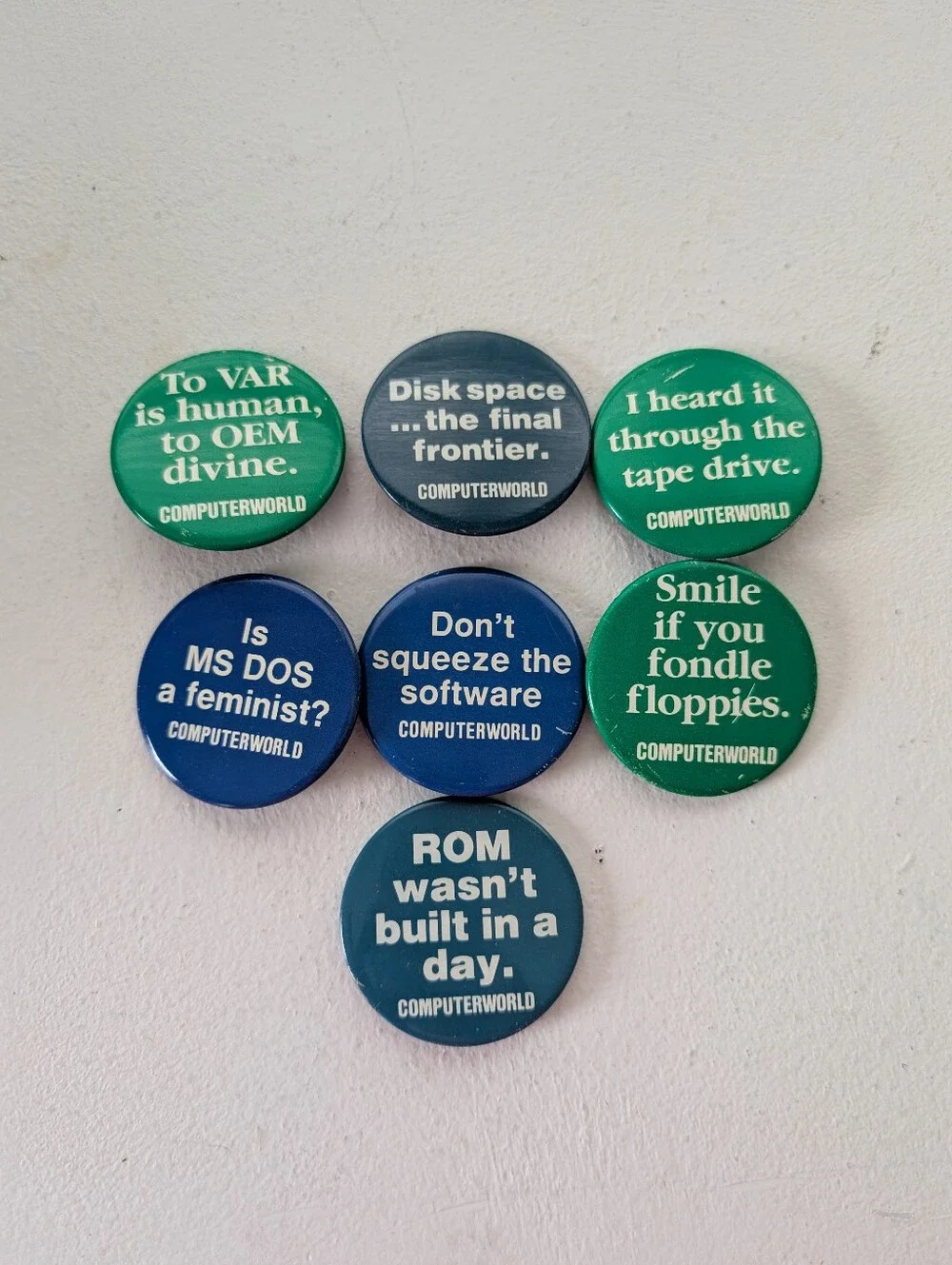 Vintage Computerworld Computer Humor Pinback Button Lot of 7 | MS-DOS ROM Floppi